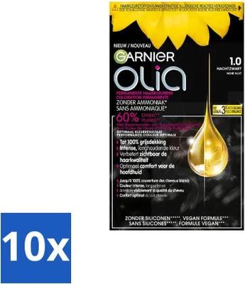 Produktbild von Garnier – Olia 1 – Haarfarbe – Schwarz – Ammoniakfrei – Intensive, langanhaltende Farbe – 100 % Grauabdeckung - Vorteilspack - 10 Stücke