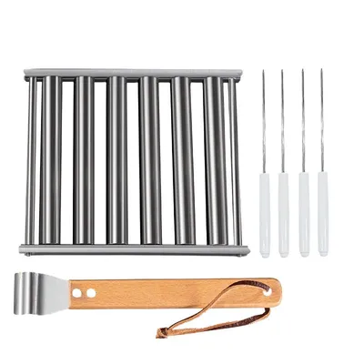 Produktbild von Wurstgrillhalter aus Edelstahl, abnehmbar, rutschfester Holzgriff, tragbar, kleiner Grillkorb für 2-3 Personen