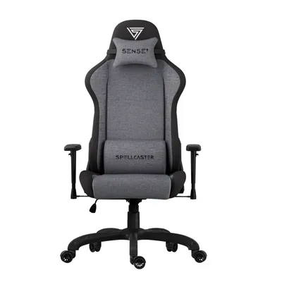 A gaming chair is shown from the front on a white background.