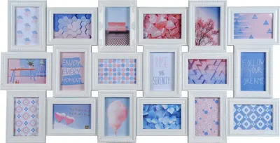 A collage of multiple photo frames with various artistic inserts.
