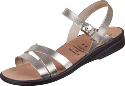 Produktbild von Damen Sandalen Silber glänzend mit Schnallen, gepolstertem Fußbett und flacher Sohle