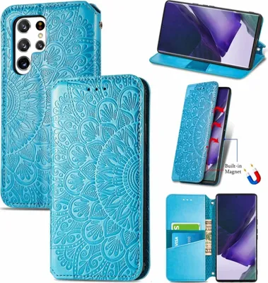 Zdjęcie produktu dla Etui König Design kompatybilne z Samsung Galaxy S22 Ultra 5G z syntetycznej skóry - Niebieskie etui na telefon komórkowy