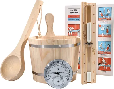 A collection of wooden sauna accessories, including a bucket, ladle, thermometer, hourglass, and instructional cards.