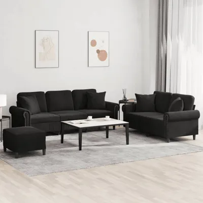 Produktbild von Design 3-tlg. Sofagarnitur mit Kissen Schwarz Samt, Schlafsofas 2024 Neu