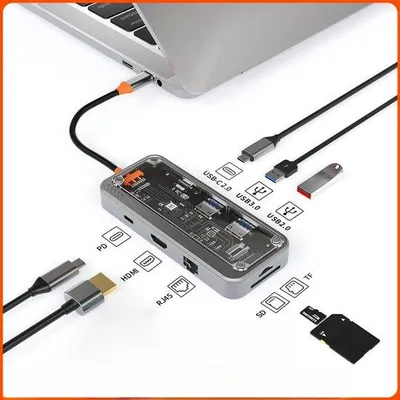 Immagine prodotto di Nuovo hub USB-C 8-in-1 con porte USB 3.0 e Gigabit Ethernet RJ45 in metallo.