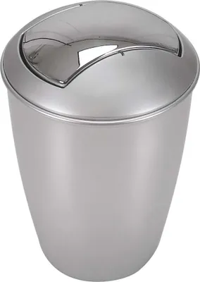 A silver-gray trash can with a swing lid.