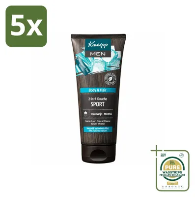 Immagine prodotto di 5 confezioni di Kneipp Men 2-in-1, gel doccia e shampoo sportivo, da 200 ml ciascuna - confezione risparmio - 5 pezzi