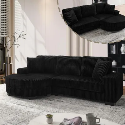 Produktbild von MODFU 4-Sitzer Ecksofa, L-förmiges Sofa mit Ovalhocker,Modulares Sofa mit Zwei Dekokissen,Cord,Schwarz