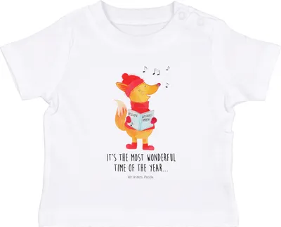 Produktbild von Mr. & Mrs. Panda Babyshirt Fuchs Sänger 0. - 6. Monat - Weiß - Geschenk, Baumwolle Baby Shirt, Weihnachtslieder,  T-Shirt, Öko, Kurzarmshirt, Kleinkind, Singen, Winter