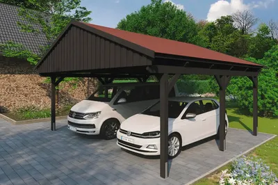Produktbild von Doppelcarport SKAN HOLZ Fichtelberg inkl. Pfostenanker, rote Dachschindeln 618 x 566 cm anthrazit