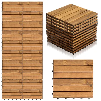 Immagine prodotto di Set di 11 piastrelle in legno TolleTour, piastrelle per terrazze in legno di acacia, 30x30cm, piastrelle per balconi da 1 m², rivestimento per pavimenti con sistema di drenaggio - 6 listelli per pezzo