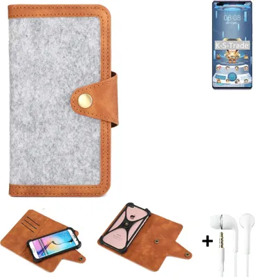 Produktbild von K-S-Trade Handyhülle + Kopfhörer kompatibel mit HTC Wildfire E3 Schutzhülle Filz Hülle Kunstleder hellgrau braun (1x)