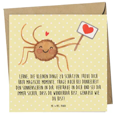 Produktbild von Mr. & Mrs. Panda Klappkarte Spinne Agathe Motivation - Gelb Pastell - Geschenk, Dankeschön, Grußkarte, faltkarte, Glückwunschkarte, doppelkarte, Glück, Liebe, anlasskarte