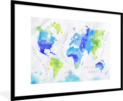 Produktbild von MuchoWow® MuchoWow® Gerahmtes Poster Weltkarte - Aquarell - Grün - Blau 90x60 cm - Poster mit zchwarzem Bilderrahmen - Wanddekoration - Fotos