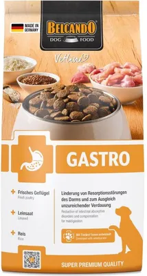 A bag of Belcando dog food with ingredients and product information.