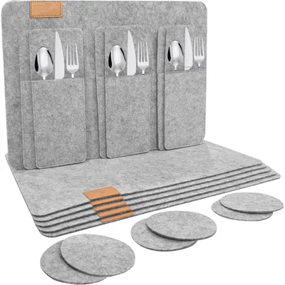 Immagine prodotto di Set di tovagliette lavabili in feltro, 18 pezzi, color grigio chiaro, dimensioni 44x31 cm, inclusi sottobicchieri e sacchetti per posate