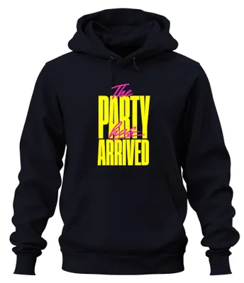 Productafbeelding van Het feest is gearriveerd! Grappige opdruk. Neon feestoutfit, hoodie, capuchontrui, marineblauw, maat S