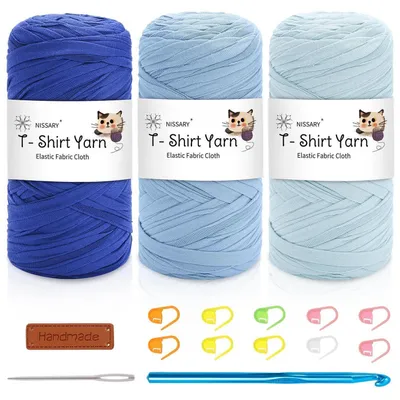 Immagine prodotto di Filato per maglieria T-Shirt-Garn Häkelgarn, confezione da 3 gomitoli da 200g ciascuno, filato spesso, completo di uncinetto da 10 mm. Colore: blu e azzurro