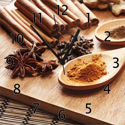 Produktbild von Wallario Design Wanduhr Kräuter und Gewürze auf Holzlöffeln aus Echtglas, Größe 30 x 30 cm