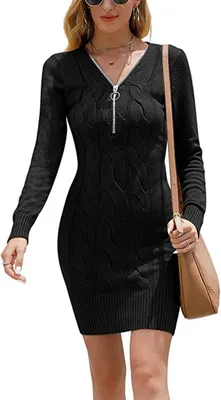 Obrázek produktu pro ASKSA Dámský svetr Pletené šaty Zip Tunika Šaty Tops, černá, S