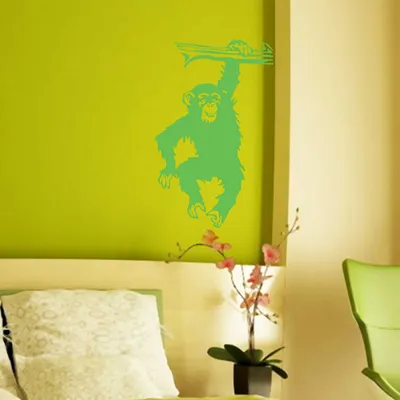 Produktbild von Wandtattoo - Wandaufkleber - Wandtattoo "Schimpanse" - 80cm x 49cm lindgrün - Dekoration Küche Wohnzimmer Wand