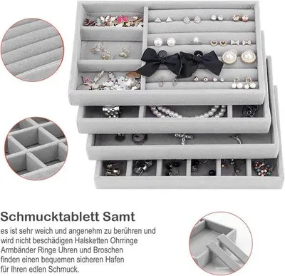 Zdjęcie produktu dla Organizer na biżuterię Fluwele, 4-częściowy, z możliwością układania w stos, na kolczyki, bransoletki, pierścionki, kolor czarno-szary
