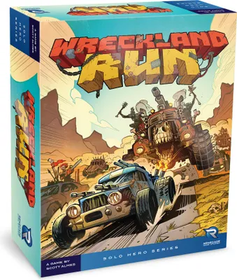 The image shows the front and side panel of a board game box, depicting a post-apocalyptic racing scene with stylized vehicles and characters.