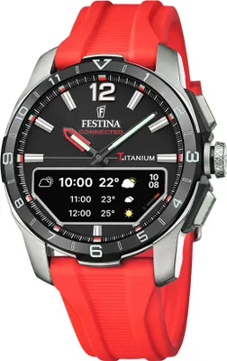 A close-up studio shot of a Festina Connected Titanium smartwatch with a red strap.