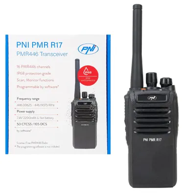 Imagen del producto de Radio portátil PNI PMR R17, frecuencia de 446 MHz, potencia de 0,5 W, 16 canales PMR, y 50 tonos CTCSS y 104 tonos DCS
