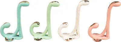 Four vintage-style coat hooks in different pastel colors, arranged in a line against a white background.