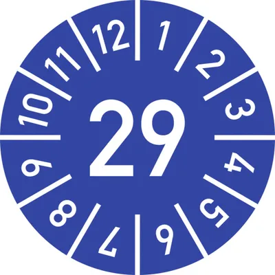 Produktbild von Dreifke® Prüfplakette Jahr 29 mit Monaten, blau, Folie, Ø 20 mm, 10 Stück/Bogen