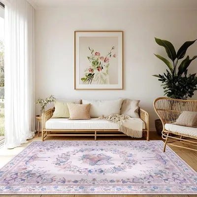 Imagen del producto de Ibenzoa® Alfombra vintage de pelo bajo, color rosa, 160 x 230 cm – ideal para salón y dormitorio, base antideslizante de TPR, lavable a máquina a 30°C