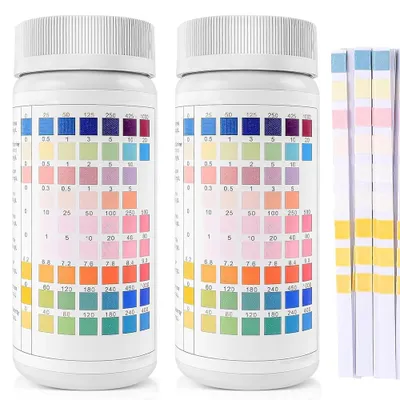 Obrázok produktu pre Testovacie prúžky na vodu – akvárium, bazén – 9 v 1 – 200 kusov – tester vody – pH, nitrity, dusitan, chlór, tvrdosť, alkalita, karbonáty, železo, meď