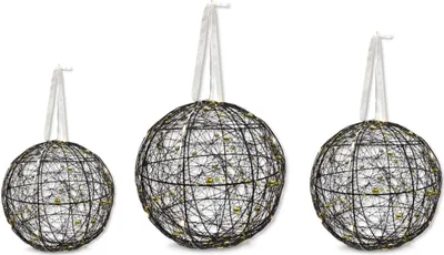 Produktbild von Lichter-Kugel mit LED aus Draht und Perlenkette schwarz gold 3er Set Dekokugel Weihnachtsdeko