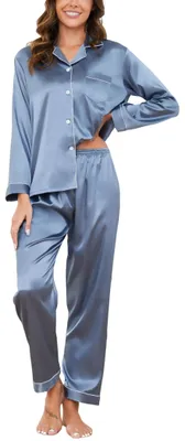 Produktbild von Pyjama-Set für Damen aus Satin – Zweiteiliges Schlafanzug-Set – Oberteil mit V-Ausschnitt und Knopfleiste – Lange Ärmel – Hose mit elastischem Bund – Atmungsaktiv und bequem
