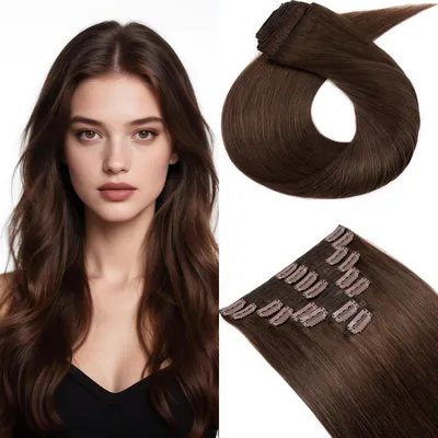 Image de Extensions à clipser, cheveux naturels, ensemble de 8 pièces, 25 cm de longueur, couleur chocolat, poids total 110g, double couture