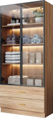 Produktbild von Merax Glasvitrine mit 2 Schubladen, mit LED, Hochschrank, Stehend Vitrinenschrank für Wohnzimmer Schlafzimmer, Badezimmerschrank, 75x34.5x170cm, Braun