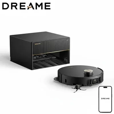 A black robot vacuum cleaner and its charging/emptying station are displayed on a white background, with a smartphone icon showing the brand logo in the lower right corner.