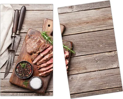 Produktbild von Spritzschutz Herdabdeckplatte Schneidebrett aus Glas Filettiertes Rindersteak 2-Teilig (60x52cm)