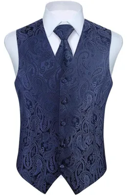 Productafbeelding van Herenset: Marineblauw jacquard vest met bloemenprint, stropdas en zakdoek, maat 4XL