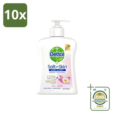 Obrázok produktu pre 10 kusov antibakteriálneho mydla na ruky Dettol s hydratačným účinkom a vôňou harmančeka – 250 ml – balenie