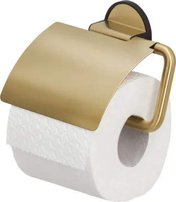 Produktbild von Tiger Tune Toilettenpapierhalter mit Deckel, Montage ohne Bohren dank integrierter Klebefolie, optional Befestigung zum Schrauben, Messing gebürstet/Schwarz, 150 x 123 x 33 mm