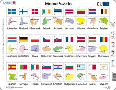 Produktbild von Larsen MemoPuzzle Europäische Flaggen Lernpuzzle 54 Teile Rahmenpuzzle 36.5x28.5 cm