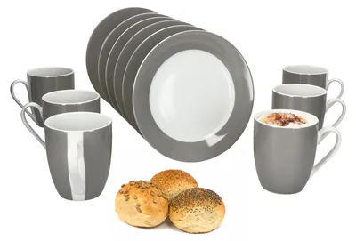Produktbild von 12tlg Frühstücksset Variant Grau Porzellan 6 Personen Teller klein Kaffeebecher