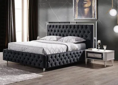 Produktbild von Casa Padrino Luxus Schlafzimmer Set Dunkelgrau / Weiß - 1 Doppelbett mit Kopfteil & 2 Nachttische - Schlafzimmer Möbel - Luxus Kollektion