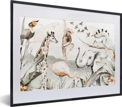 Produktbild von MuchoWow® MuchoWow® Gerahmtes Poster Wasserfarben - Tiere - Dschungel - Jungen - Mädchen - Kinder - Kinder 40x30 cm - Poster mit zchwarzem Bilderrahmen - Bilderrahmen - Poster im Rahmen