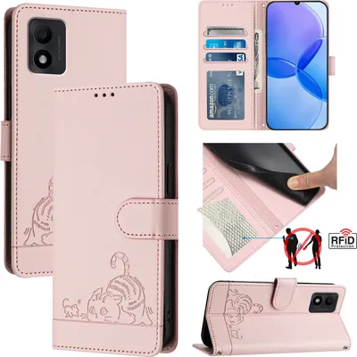 Produktbild von Leder Hülle für TCL 303 Süße Katze Flip Case Brieftasche Schutzhülle mit Standfunktion Pink