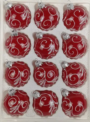 Produktbild von 12 tlg. Glas-Weihnachtskugeln Set in Hochglanz Modern Rot Weisse Ornamente