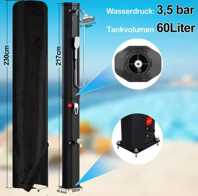 Produktbild von Solardusche  runder Duschkopf Gartenschlauch-Anschluss Solar Dusche max. 64°C Aussendusche 60L Mit Handbrause Mit Schutzhülle schwarz
