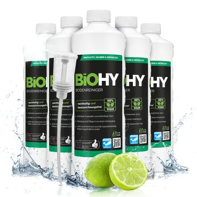 Produktbild von BiOHY Bodenreiniger (6x1l Flasche) + Dosierer | Konzentrat für alle Reinigungsgeräte und alle Hartböden | Angenehmer Geruch und streifenfreie Reinigung